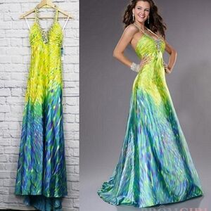Vibrant Green-Blue Halter Evening Gown